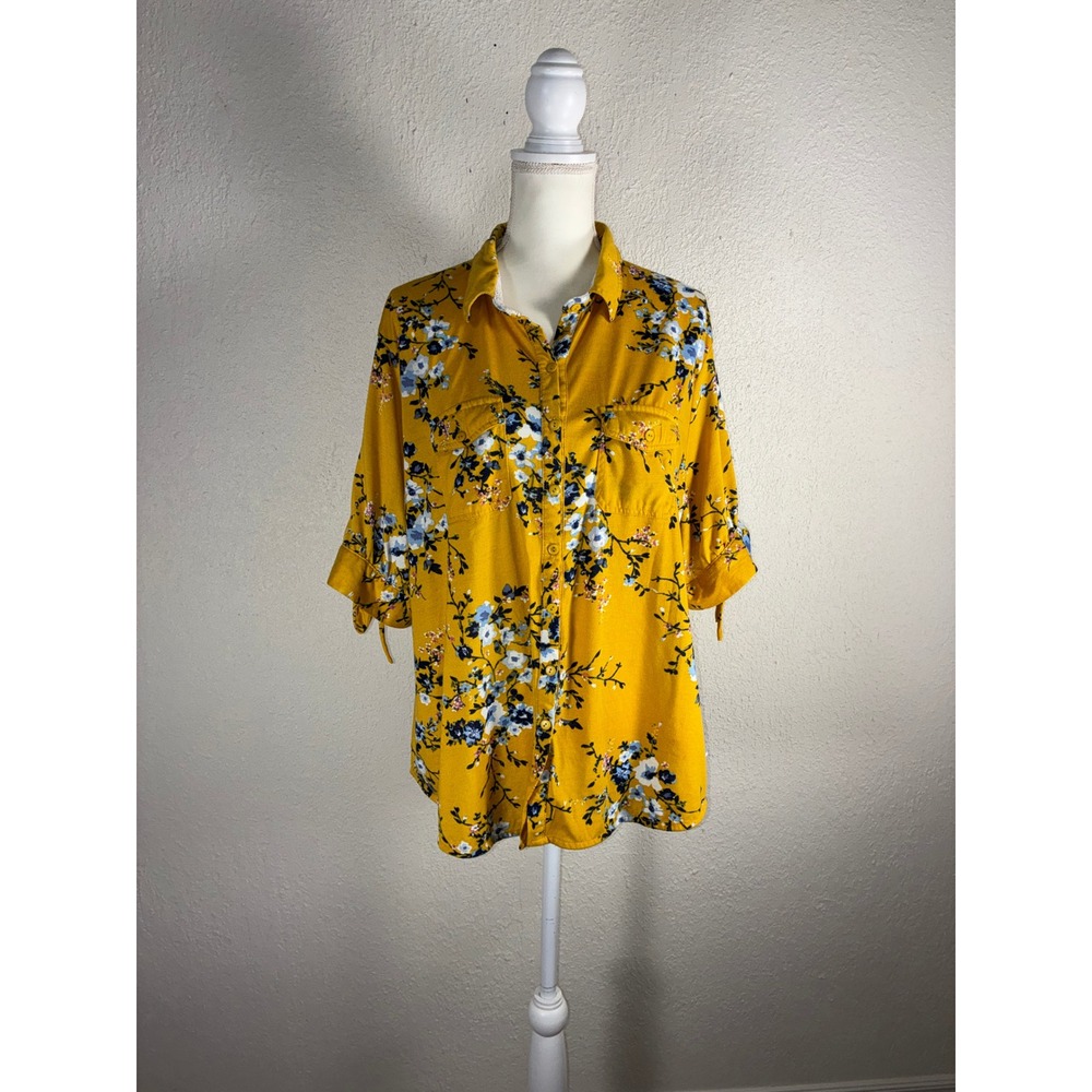 Mustard Yellow Floral Button Down Shirt Roll Tab Sleeve Mustard Blue White